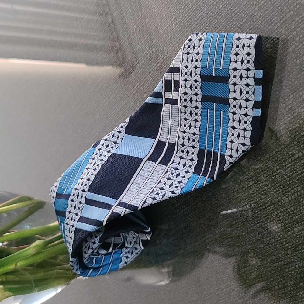 VINTAGE 70s Retro Cravatier Mr Rogers Mod Polyester Neck Tie Mid Century Blue - Picture 13 of 14